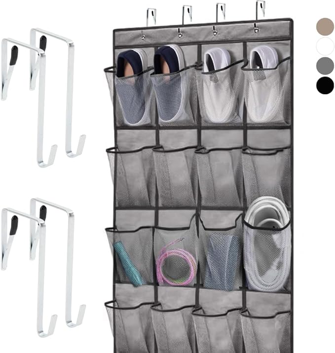 HOME GENIE Over the Door Hanging Shoe Organizer, 24 Breathable Mesh Pockets, Closet Rack Storage Holder, Stay in Place Hooks Hang on Closets, Hanger Holds Up to 40 lbs for Shoes, Accessories, Gray-NeatNest