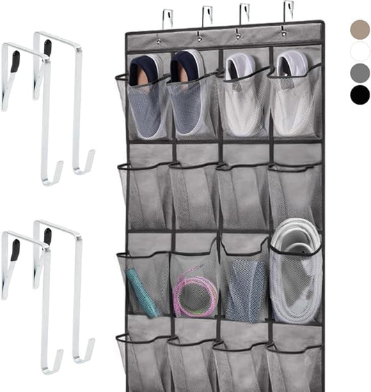 HOME GENIE Over the Door Hanging Shoe Organizer, 24 Breathable Mesh Pockets, Closet Rack Storage Holder, Stay in Place Hooks Hang on Closets, Hanger Holds Up to 40 lbs for Shoes, Accessories, Gray-NeatNest