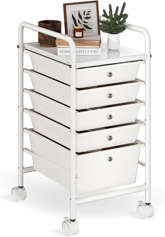 6-Tier Rolling Cart with 5 Drawers, Rolling Utility Cart with 2 Lockable Caster Wheels, Multipurpose Mobile Rolling Storage Drawer Cart for Office Bathroom Kitchen, Ivory White