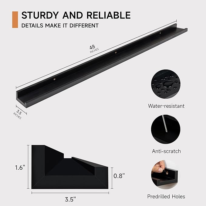 Fun Memories Picture Ledge Shelf, 48 Inch Floating Shelves Set of 2, Large Nursery Book Shelves for Toys Storage, Kids Bookshelf Wall Mounted for Wall Decor Books Photo Frames, Black-NeatNest