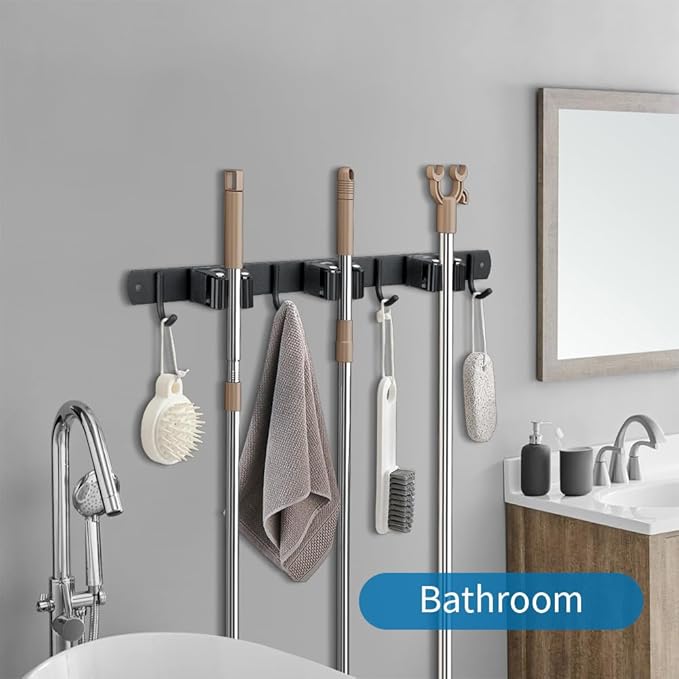 2 Pack Broom Hanger and Mop Holder, Heavy Duty Garden Tool Organizer Rack Rake and Shovel Handle, Stainless Steel Wall Mounted Utility Rack with Screws (3 Racks with 4 Hooks, Matte Black).-NeatNest