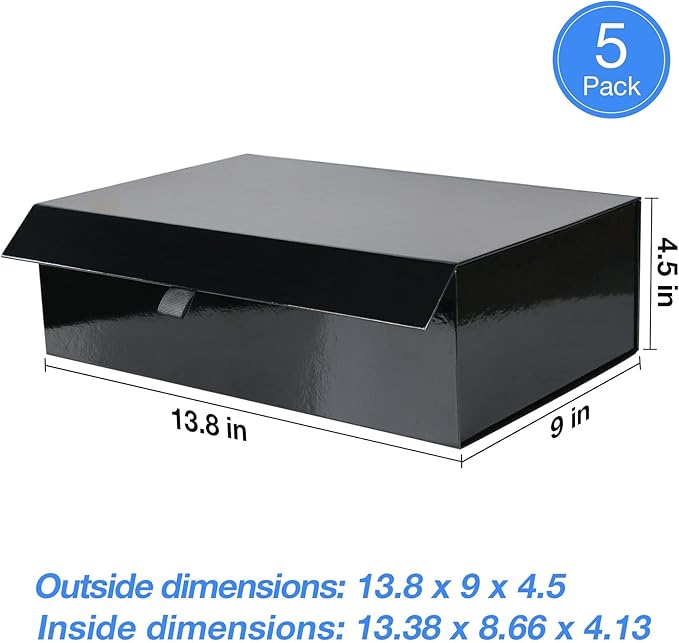 Aimyoo 5 Pack Black Collapsible Gift Box with Magnetic Closure Lids & Rope for Easy Opening 13.8x9x4.3, Bridesmaid Groomsman Proposal Boxes, Rectangle Storage Present Boxes-NeatNest