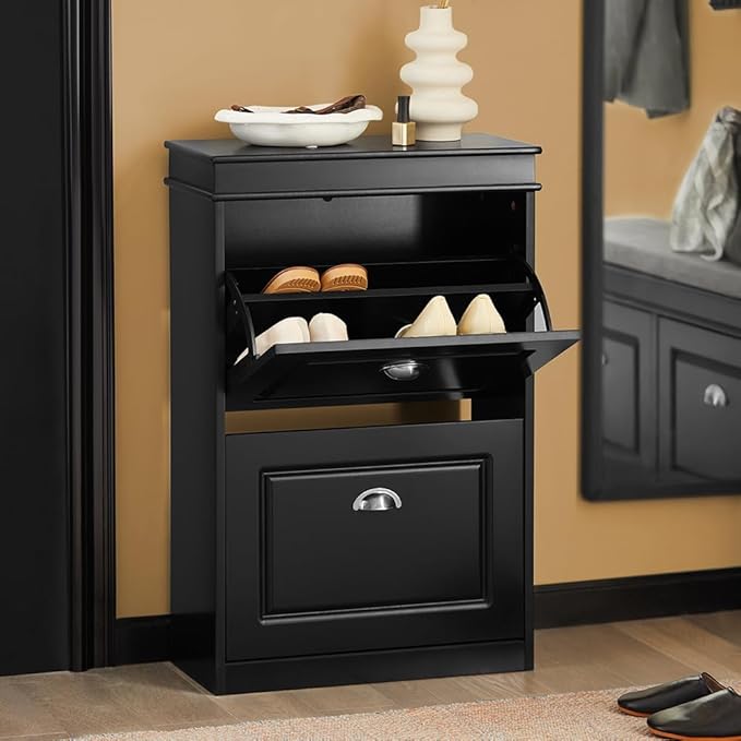 Haotian Small Shoe Cabinet, Black 2 Flip Drawers Freestanding Shoe Rack, Shoe Storage Cupboard Organizer (9.45" D x 20.87" W x 32.28" H), FSR78-SCH-NeatNest