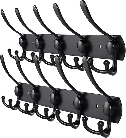 Coat Rack Wall Mounted,5 Tri Stainless Steel Coat Hook for Coat Hat Robes Towel in Mudroom Entryway (Black, 2 Pack 5 Hook)-NeatNest