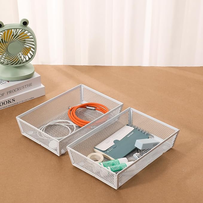 BYCY 4 Pack Silverware Drawer Organizer, Mesh Utensil Organizer for Kitchen Storage, White Steel Metal Mesh Tray for Flatware Fork Spoon Knife (9 x 6 x 2 Inch,White)-NeatNest