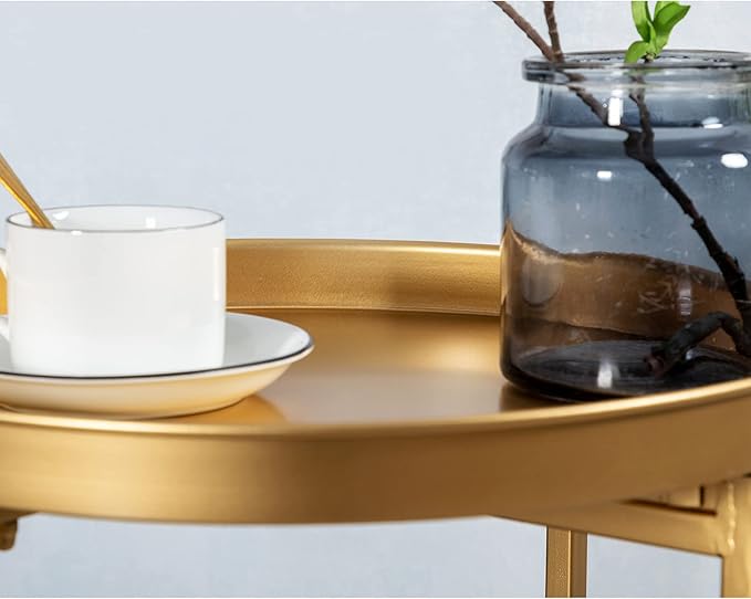 HollyHOME Small Round Metal Waterproof End Table, Accent Indoor&Outdoor Side Table, Sofa Table for Living Room, Anti-Rust Decorative Plant Stand, (D) 14.5" x (H) 25", Golden-NeatNest