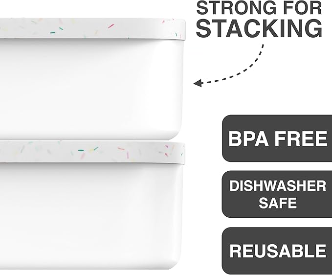 BALCI Ice Cream Containers - 2 Quart Ea. (Set of 2) - Premium Reusable Freezer Storage for Homemade Ice Cream Tub for Sorbet, Frozen Yogurt - Flexible Silicone Lids, Long Scoop - White With Sprinkles