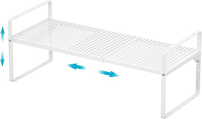 iPEGTOP Expandable Cabinet Storage Shelf Organizer Rack, Heavy Duty Stackable Steel Metal Spice Rack Adjustable Height Pantry Garage Shelf for Counter Kitchen Organization, White - 1 Pack-NeatNest