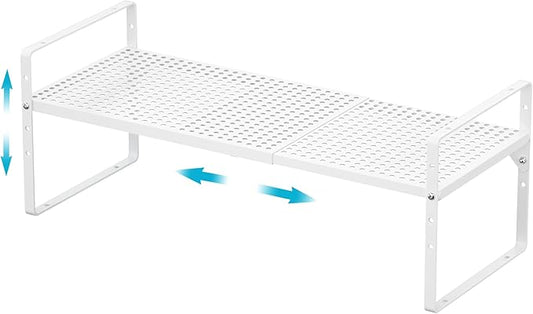 iPEGTOP Expandable Cabinet Storage Shelf Organizer Rack, Heavy Duty Stackable Steel Metal Spice Rack Adjustable Height Pantry Garage Shelf for Counter Kitchen Organization, White - 1 Pack-NeatNest