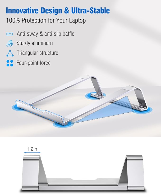 Enhanced Stability Laptop Stand for Desk, Ergonomic Aluminum Laptop Riser, Computer Stand for Laptop, Compatible with 12 13.3 14.2 15.3 16.2 Inches MacBook Pro Air/Dell/HP (Silver)
