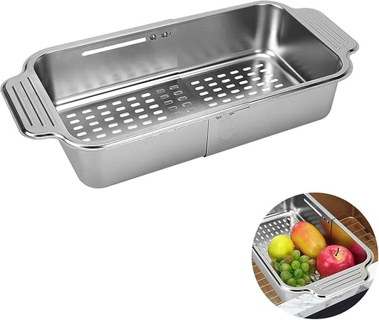 LUEXBOX Expandable Dish Drying Rack Over The Sink, Stainless Steel Drainer Basket with Adjustable Arms for Vegetable and Fruit (Silver)