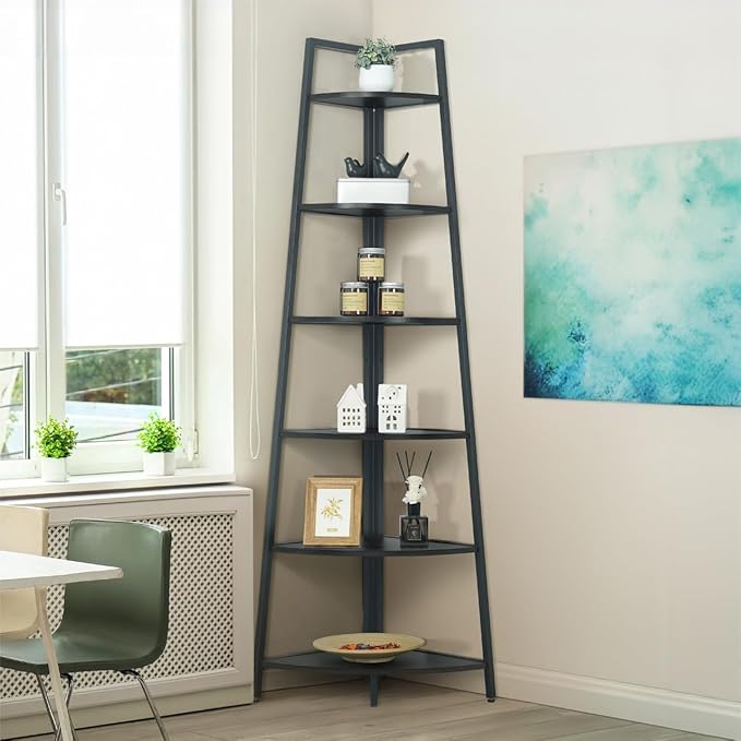 CAPHAUS Tall Corner Shelf Stand, 6-Tier Display Shelves, Ladder Corner Wood Storage Plant Bookshelf with Metal Frame, Versatile Shelving Unit Bookcase for Home Office Space, Black-NeatNest