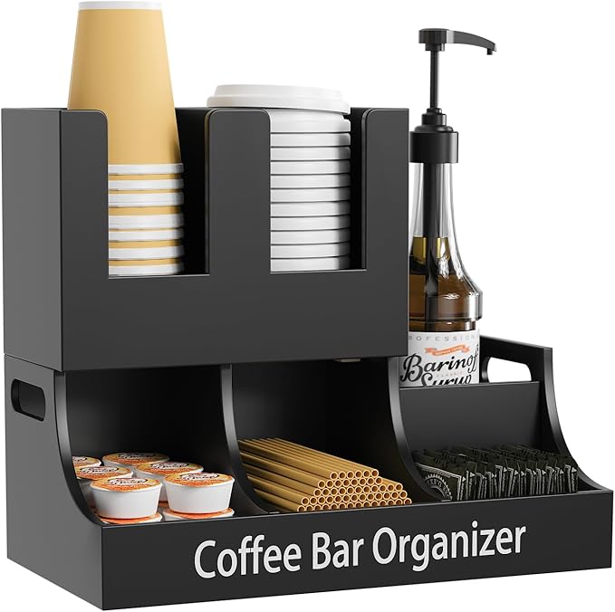 Coffee Station Organizer, Wooden Coffee Bar Organizer for Countertop, Condiment and Cup Storage Organizer, Bar Accessories for Kitchen, Office, Home, Small Black-NeatNest