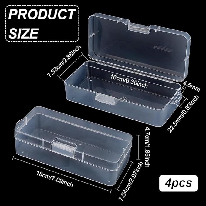 BENECREAT 4 Packs Rectangle Plastic Container Box, 7x3x1.8inch Clear Storage Organizer with Hinged Lid and Hanging Hole for Small Craft Accessories Office Supplies-NeatNest