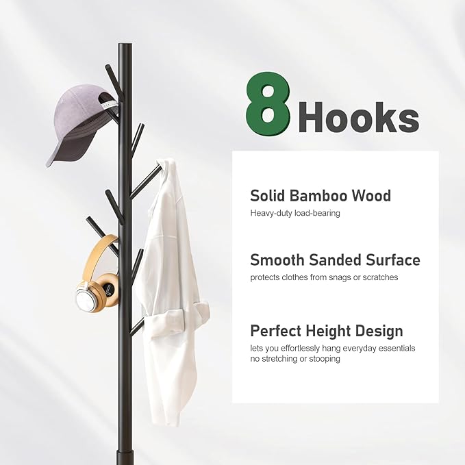 Black Coat Rack Stand, Bamboo Wood Freestanding Coat Tree with 8 Hooks, Hallway Entryway Hat Hanger Organizer Standing for Bedroom, Office, Clothes, Jackets, Bags, Umbrallas-NeatNest