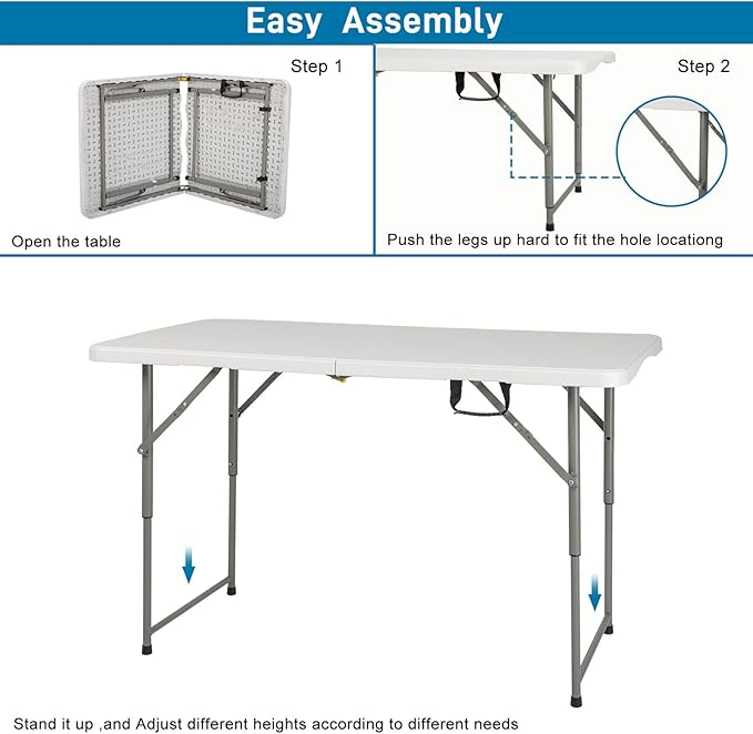 Generic 4ft Portable Folding Table, Plastic Table w/ 4 Adjustable Heights, Indoor Outdoor Heavy Duty Fold-in-Half Utility Table w/Carry Handle 300LBS, White-NeatNest