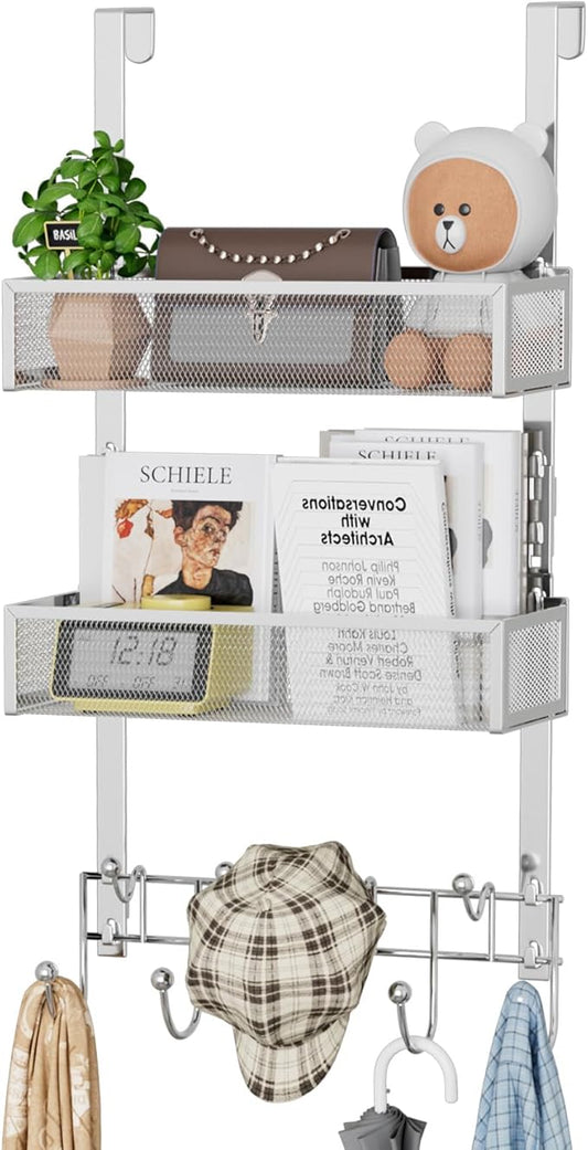 HapiRm Over The Door Hanger with Coat Hooks and 2 Baskets, Rustproof & Waterproof Over The Door Hooks, Storage Organizer for Hats, Bathroom, Kitchen, Bedroom-Silver (for 1.76in Doors)