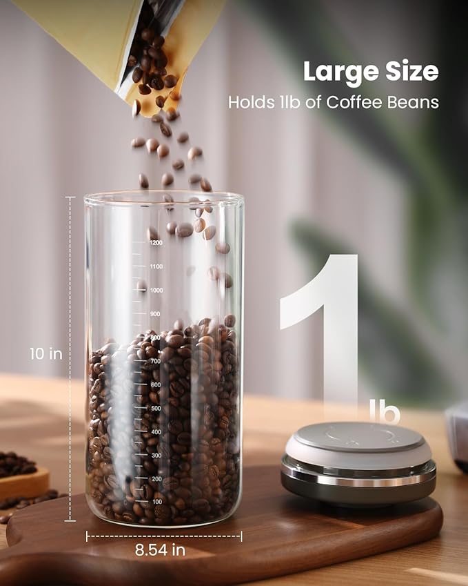 Coffee Canister with Airtight Lid, One-Press Button Borosilicate Glass Coffee Container with PP Silicone Lid, Food Storage Container for Grounds Coffee, 1lb Beans, Flour, Cereal, Sugar-NeatNest