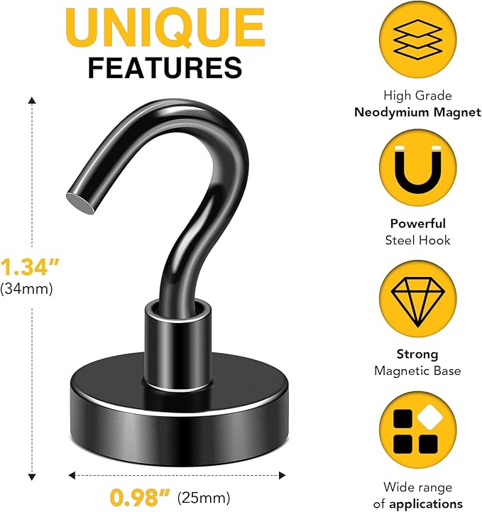 DIYMAG Black Magnetic Hooks, 80 LB Heavy Duty Strong Magnet with Hooks, Strong Rare Earth Neodymium Magnet Hooks for Hanging, Magnetic Hanger for Curtain, Home, Kitchen, Workplace, 20 Packs-NeatNest