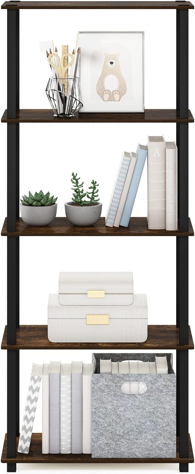 Furinno Turn-S-Tube 5-Tier Multipurpose Shelf Display Rack with Square Tubes, Amber Pine/Black-NeatNest