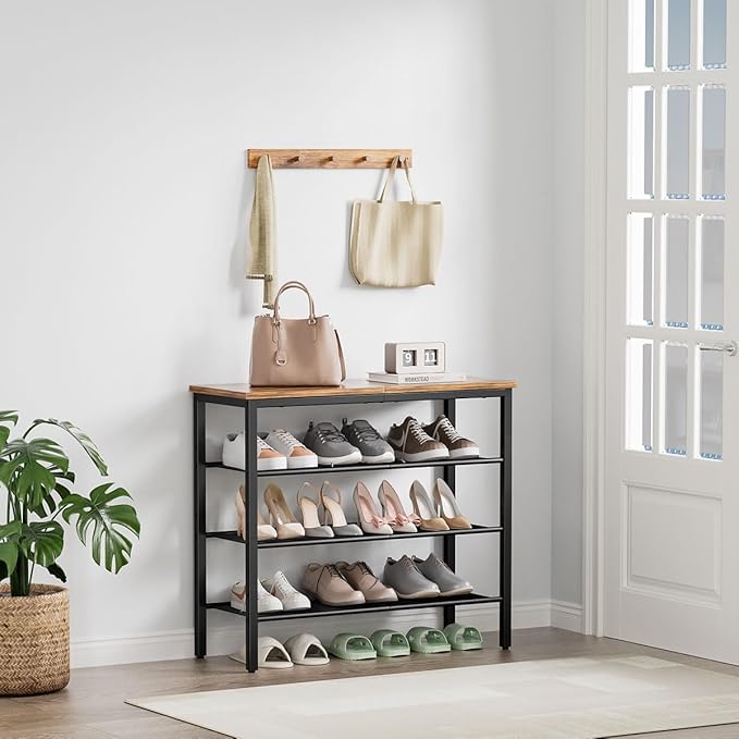 Shoe Rack, 4-Tier Shoe Storage Organizer with 3 Metal Mesh Shelves for 12-16 Pairs, Free Standing Shoe Racks, for Entryway, Hallway, Closet, Dorm Room, Industrial, Rustic Brown-NeatNest