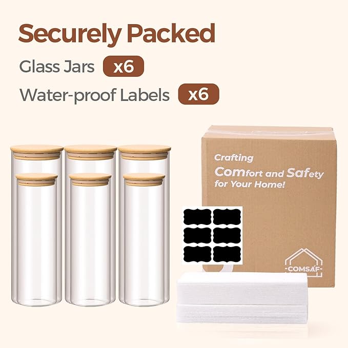 ComSaf Glass Food Storage Jars Set of 6, Tall Glass Storage Containers with Lids, Spaghetti Jar, Canisters Set for the kitchen, Pasta, Flour, Nuts, Oat, Coffee and Sugar Container, Pantry Organization-NeatNest