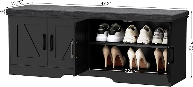 2-Tier Storage Bench, Shoe Bench with Padded Seat Cushion, Entryway Bench with 4 Barn Doors, Adjustable Shelf, 13.8" D x 47.2" W x 17.7" H, for Entryway, Living Room, Bedroom, Black-NeatNest