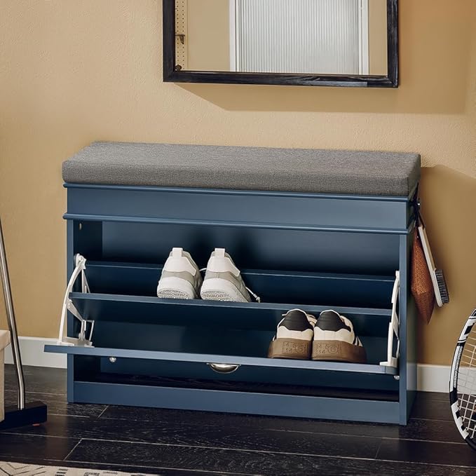 Haotian Shoe Storage Bench with Cushion, Navy Narrow Shoe Rack for Entryway, Small Shoe Cabinet with 2 Tiers Flip-Drawer, Closet Hallway Mudroom FSR82-L-B-NeatNest