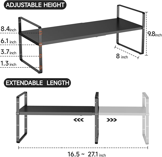 16.5-27’’L Expandable Cabinet Shelf Organizers, Stackable Metal Shelves Extender for Kitchen Countertop Storage, Adjustable Spices Shelves Rack Stand for Cupboard Pantry, Black-NeatNest