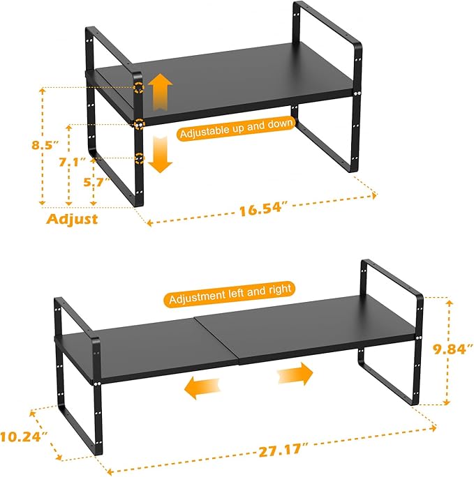 Slideep Expandable Shelf Rack Counter Organizer Shelf 16.54'' to 27.17'', Stackable Cabinet Shelves Organizer Storage Rack Cupboard Stand Spice Rack for Kitchen Bathroom Pantry -Black