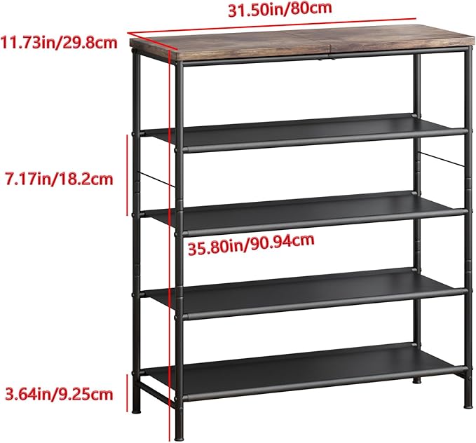Shoe Rack Organizer 5 Tier Metal Organizer Shelf with Industrial MDF Board and Layer Fabric for Entryway Closet Bedroom Living Room Garage,Black & Rustic Brown (Black+Rustic Brown, 5 Tier)-NeatNest