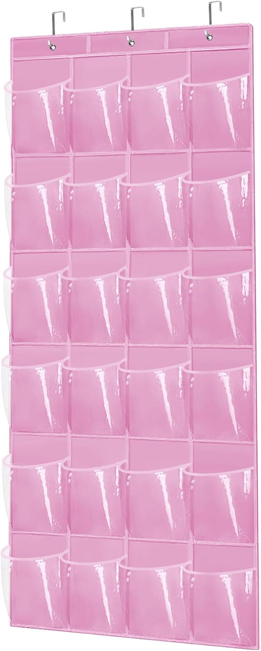 Over The Door Shoe Organizer - Space Saving Shoe Rack for Closet Door with 24 Pockets and Hook, Shoe Holder Back of Door Organizers for Shoes, Hanging Shoe Organizer (Pink)-NeatNest