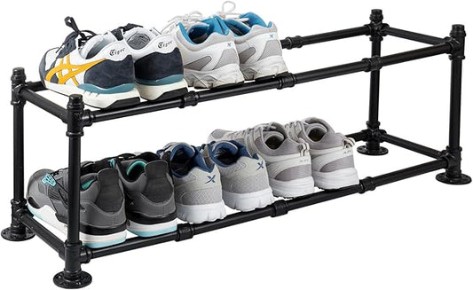 MyGift 2 Tier Rustic Industrial Matte Black Metal Pipe Freestanding Expanding Shoe Rack, Customizable Footwear Storage Organizer Stand, Holds up to 8 Pairs-NeatNest