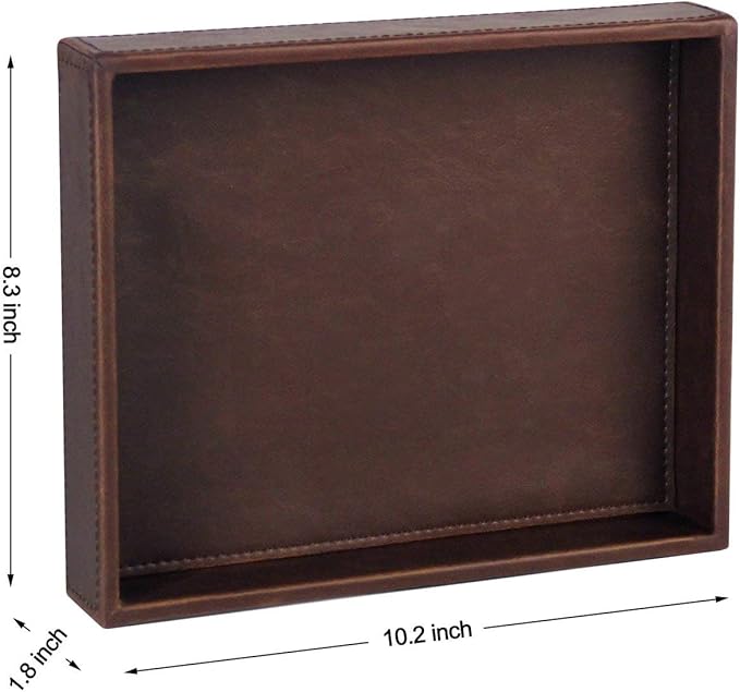 HofferRuffer Decorative Vanity Tray, Desktop Storage Organizer, Catchall Tray, Valet Tray, Nightstand or Dresser Organizer, PU Faux Leather Bathroom Tray, Brown, 10.2 x 8.4 x 1.8 inches-NeatNest