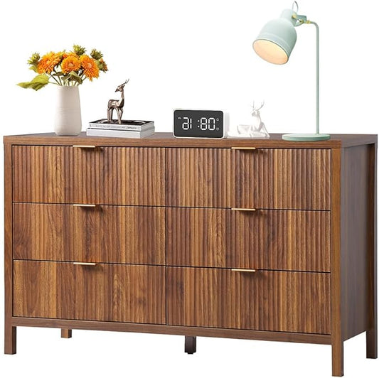 6 Drawer Dresser Cabinet, Long Nightstand with Drawers and Storage Cabinet, Farmhouse Solid Wood Dresser TV Stand, Mid Century Modern Nightstand with 6 Drawer Side Table for Bedroom Closet (Walnut)