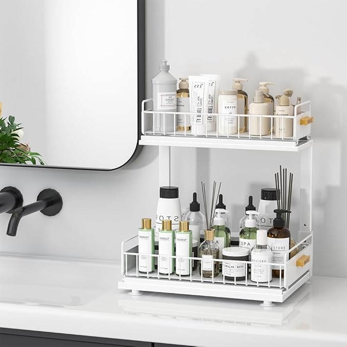 Under Sink Organizer, Pull Out Kitchen Cabinet Organizer, 2-Tier Metal Under Sink Organizers and Storage Height-Adjustable, Kitchen Bathroom Organizers and Storage Shelves, White-NeatNest