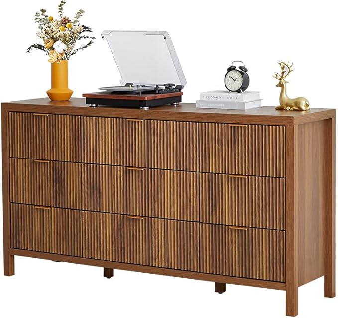 9 Drawer Dresser Cabinet, Long Nightstand with Drawers and Storage Cabinet, Farmhouse Solid Wood Dresser TV Stand, Mid Century Modern Nightstand with 9 Drawer Side Table for Bedroom Closet (Walnut)