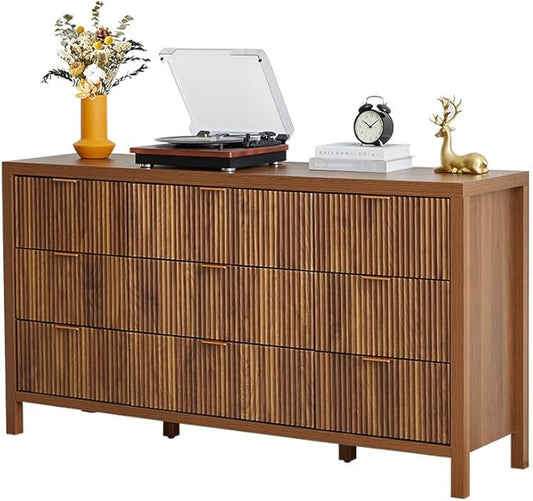 9 Drawer Dresser Cabinet, Long Nightstand with Drawers and Storage Cabinet, Farmhouse Solid Wood Dresser TV Stand, Mid Century Modern Nightstand with 9 Drawer Side Table for Bedroom Closet (Walnut)