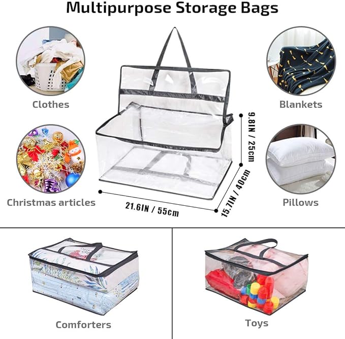 Clear Clothes Storage Bag Organizer with Reinforced Handle, Vinyl Storage Bags for Comforter, Blanket, Bedding, Toys, Transparent Moving Totes with Sturdy Dual Zippers, 3 Pack, 55 L, Black-NeatNest