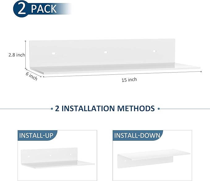 2 Pack White Acrylic Floating Shelves 15 Inches, Wall Hanging Bathroom Shelves, Wall Storage Shelf for Kitchen, Dining Room, Living Room, Bedroom, Bathroom, Retail, Supermarket-NeatNest