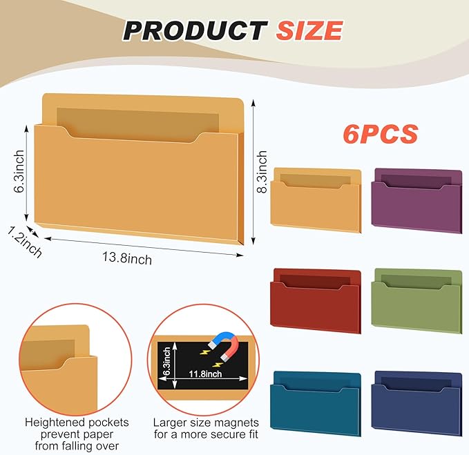 Fuutreo 6 Pcs Magnetic Wall File Organizer Magnetic Wall File Holder Refrigerator Magazine Holder for Mail Letters Paper(Dark Vintage,8.3 x 13.8 Inch,Horizontal)
