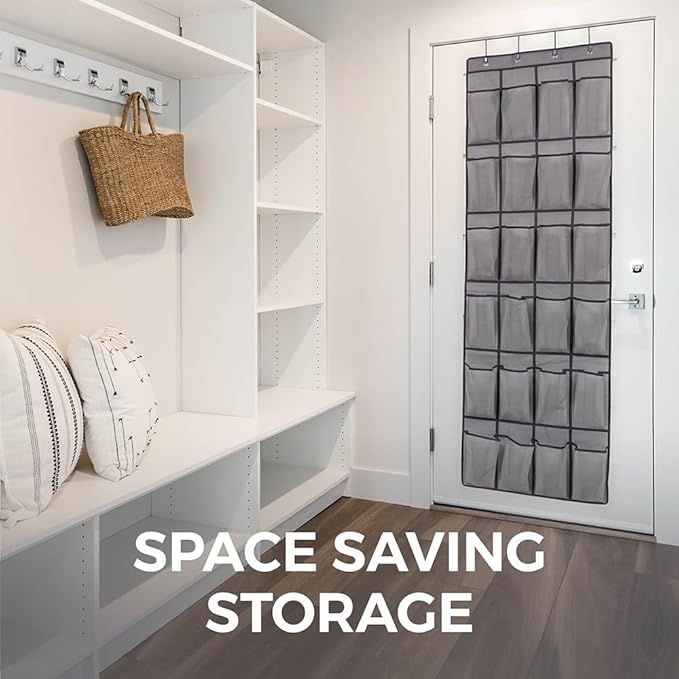 HOME GENIE Over the Door Hanging Shoe Organizer, 24 Breathable Mesh Pockets, Closet Rack Storage Holder, Stay in Place Hooks Hang on Closets, Hanger Holds Up to 40 lbs for Shoes, Accessories, Gray-NeatNest