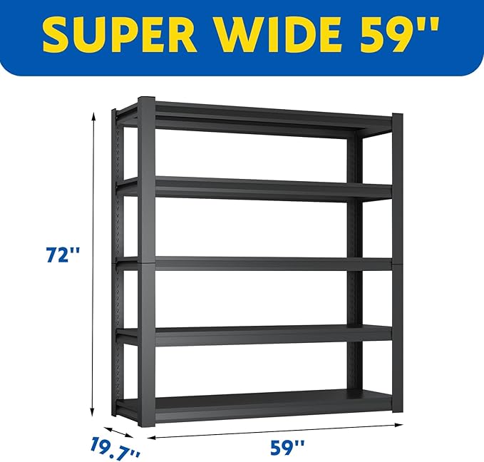 72''H Garage Shelving Heavy Duty, 2800LBS Storage Shelves, 5-Tier Adjustable Metal Shelve Storage Shelf Rack, Industrial Shelving Unit for Garage, Warehouse, Basement (59" W x 19.7" D x 72" H)-NeatNest