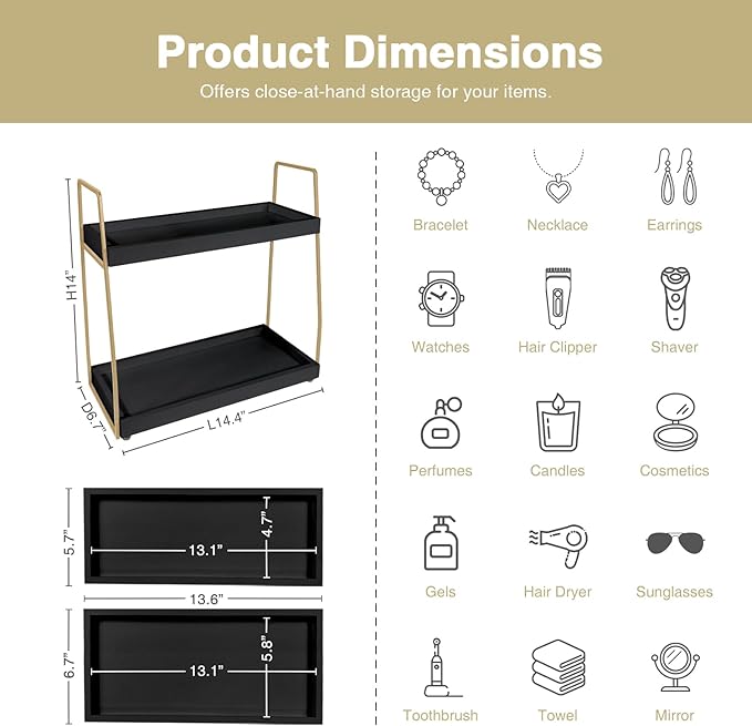Forbena Black and Gold Bathroom Organizer Countertop, 2 Tier Counter Organizer for Bathroom Decor, Modern Sink Organizer Shelf for Vanity Storage, Organizer Tray for Makeup Bedroom