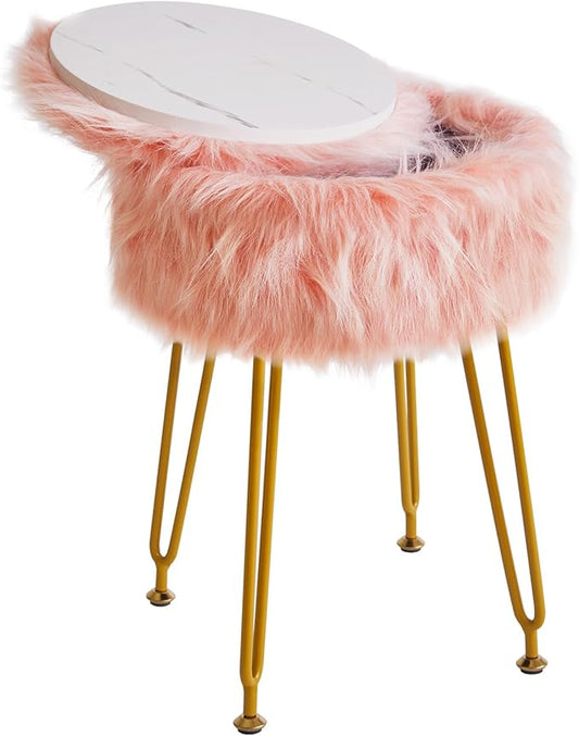 IBUYKE Round Faux Fur Vanity Stool with Storage, Furry Makeup Chair Ottoman, Soft Padded Seat, Round Footrest Footstools with 4 Metal Legs, for Living Room Bedroom Entryway, Pink WBD021P