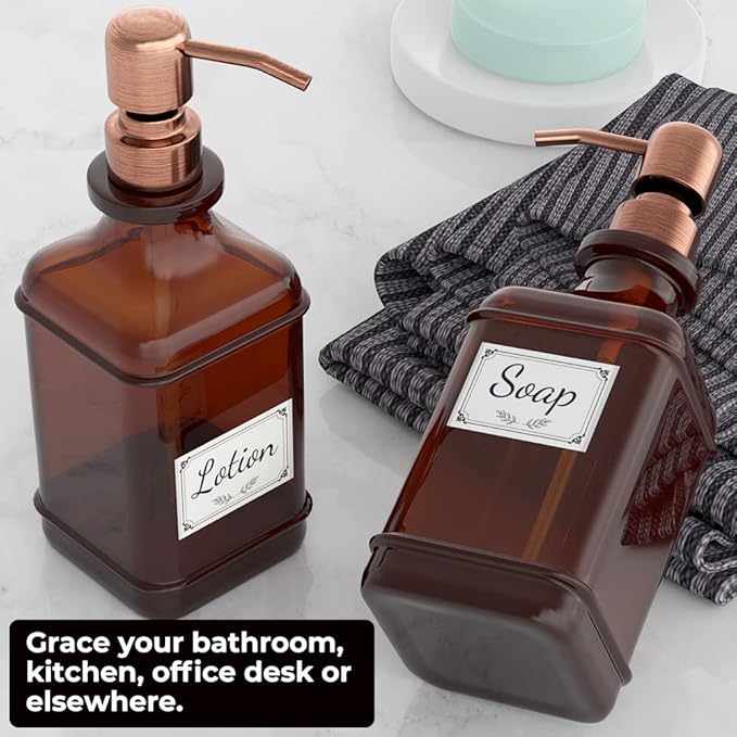 GLADPURE Soap Dispenser 2 Pack, Hand Soap Dispensers with 18 Oz Antique Design Thick Amber Glass Bottle, 316 Rust Proof Stainless Steel Pump, 6Pcs Stickers, for Lotion, Soap - Brushed Copper-NeatNest