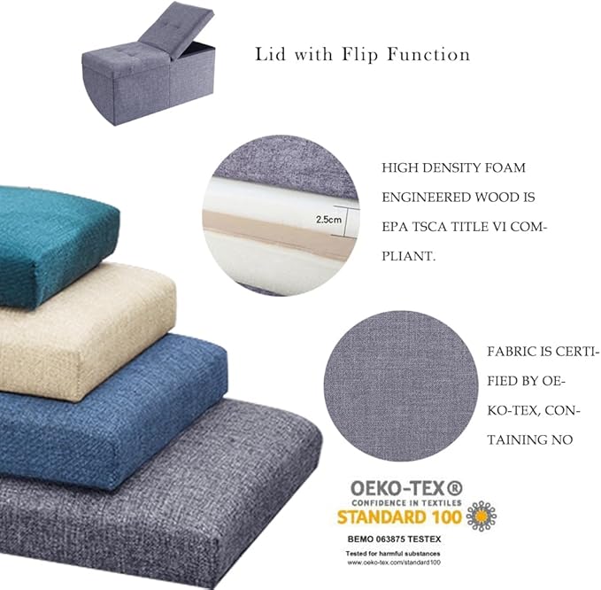 CUYOCA Storage Ottoman Bench Foldable Seat Footrest Shoe Bench End of Bed Storage with Flipping Lid, 75L Storage Space, 30 inches Linen Fabric Emerald, OT026DGN-NeatNest
