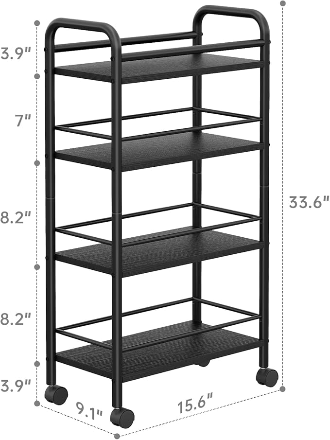 Slim Storage Cart, 4 Tier Small Rolling Bathroom cart Metal and Wood Skinny Utility Cart on Wheels for Narrow Kitchen Laundry Room Black
