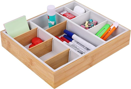 Bamboo Desk Drawer Organizer Tray, Silicone Sturdy Junk Drawer Organizer with 10 Adjustable Compartments, Desk Organizers and Accessories with 4 Removable Dividers for Office Home (White)-NeatNest