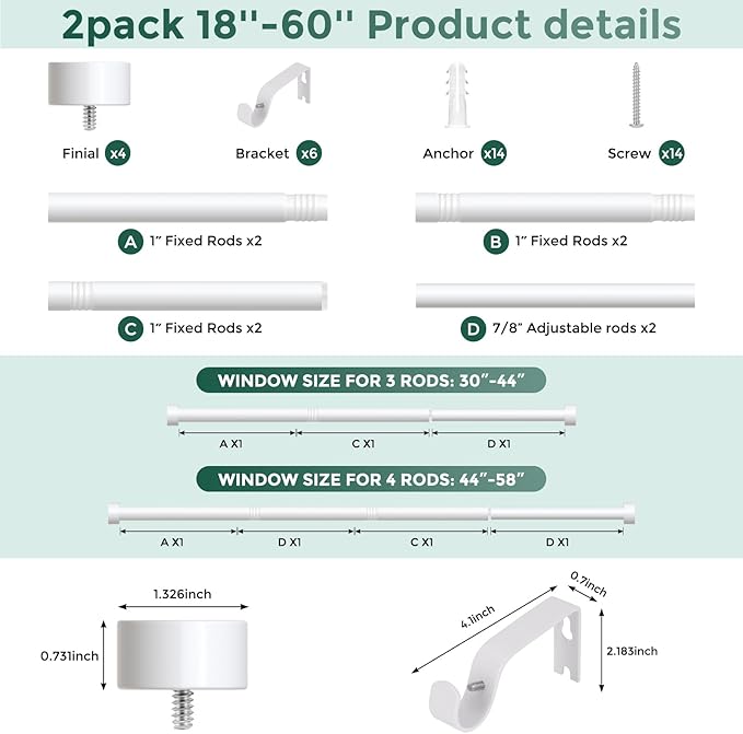 2 Pack Curtain Rods for Windows 28 to 48 Inch(1.5-5 Feet),White 1'' Diameter Drapery Rods with End Cap Style Design,Modern Adjustable Heavy Duty Curtain Rod,Size:30''-60''